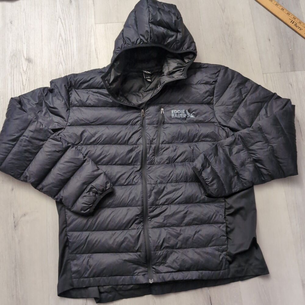 Eddie Bauer Puffer Jacket Mens XL Black 550 Down Hoodie